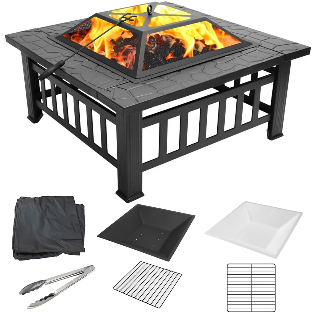 Fire Pits for Outside, 32" Wood Burning Fire Pit Tables with Screen Lid, Poker, BBQ Net, Food Clip and Cover, Backyard Patio Garden Outdoor Fire Pit/BBQ Fire Pit, Black