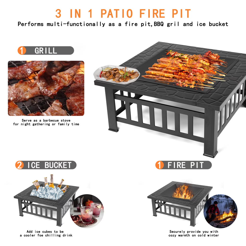 Fire Pits for Outside, 32" Wood Burning Fire Pit Tables with Screen Lid, Poker, BBQ Net, Food Clip and Cover, Backyard Patio Garden Outdoor Fire Pit/BBQ Fire Pit, Black